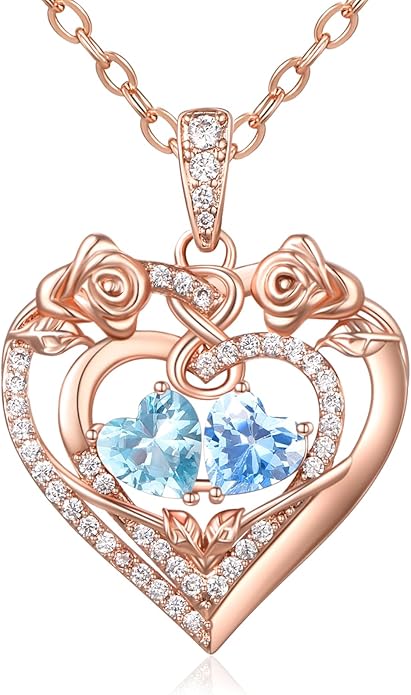 JIYVY32 Rose Heart Necklace for Women Exquisite 925 Sterling Silver Anniversary Birthday Gifts for Wife Mom Her Double Birthstone Pendant Jewelry