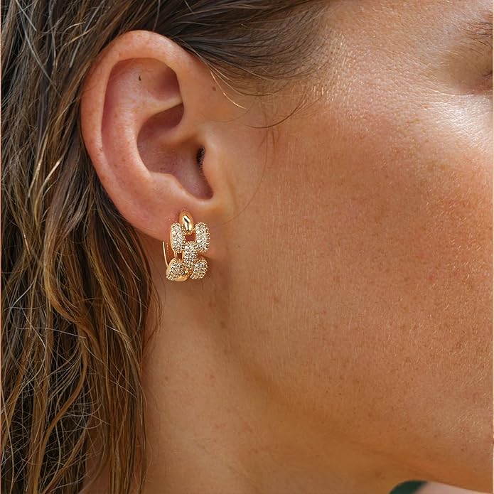 Gold Huggie Hoop Earrings 14K Gold Plated Dainty Chunky Thick Hoop Diamond Cubic Zriconia Inlay Sleeper Tiny Delicate Boho Beach Simple Hypoallergenic Jewelry Gift for Her