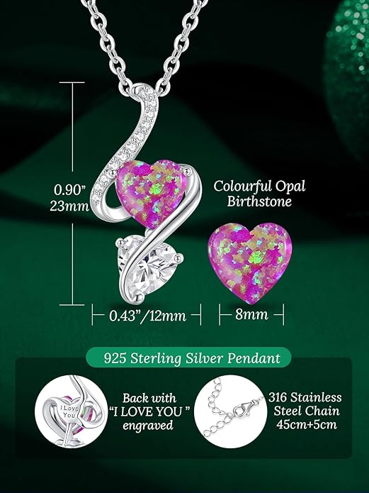 LOUISA SECRET 925 Sterling Silver Opal Birthstone Necklace, Unique Tiny Double Heart Pendant Jewelry, Engraved with "S925 I Love You" Best Birthday Gift for Women Wife Girlfriend Mom Her, Christmas Day Valentine's Day Anniversary Mother's Day