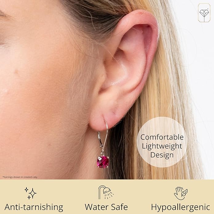 Solid 10K Gold Cushion Cut Dangle Gemstone Earrings for Women | 6mm Gemstone Birthstone Earrings | Checkerboard 10 Karat Gold Dangle Drop Leverback Earring for Women by MAX + STONE