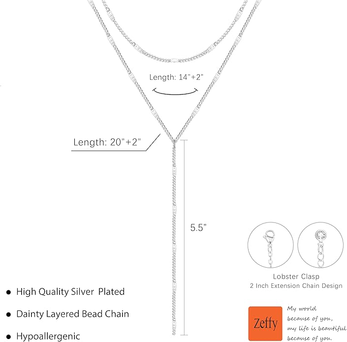 Zeffy Lariat Gold Necklace for Women, Dainty Long Necklace 14k Gold/Silver Plated Layered CZ Beaded Bar Chain Y-Shaped Body Chain Stack Drop Wedding Necklace Trendy Simple Gold Jewelry Gifts