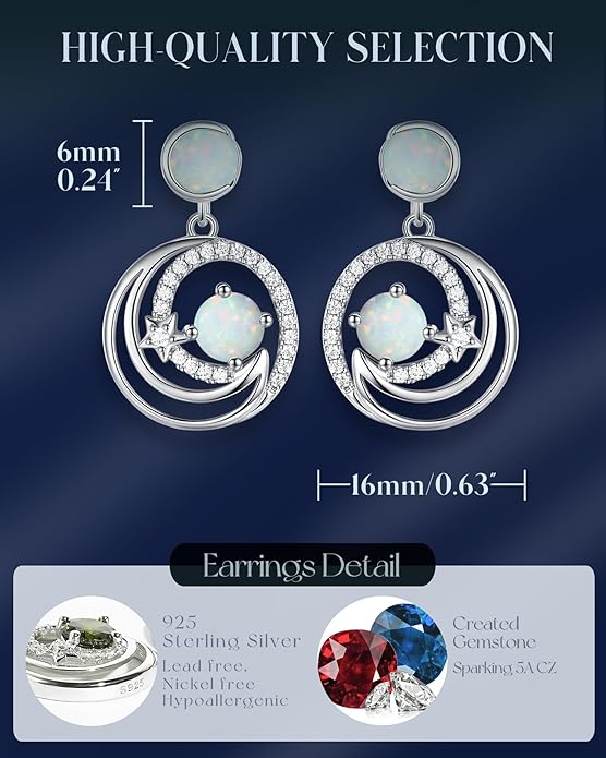 FANCIME Dangle Drop Earrings 925 Sterling Silver Moon Star Round Gemstone Birthstone Jewelry Birthday Christmas Gifts for Her Women