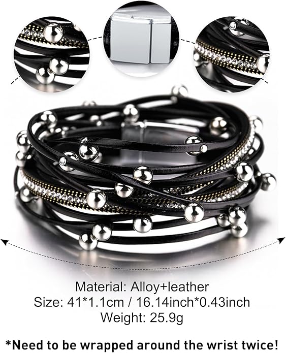 Fesciory Leather Wrap Bracelets for Women, Boho Leopard Multi-Layer Crystal Beads Cuff Bracelet Jewelry