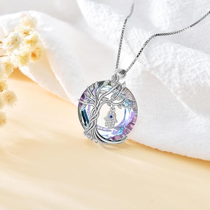 TOUPOP Evil Eye Necklace 925 Sterling Silver Tree of Life Circle Crystal Pendant Necklace Protection Jewelry Amulet Christmas Gifts for Women Her