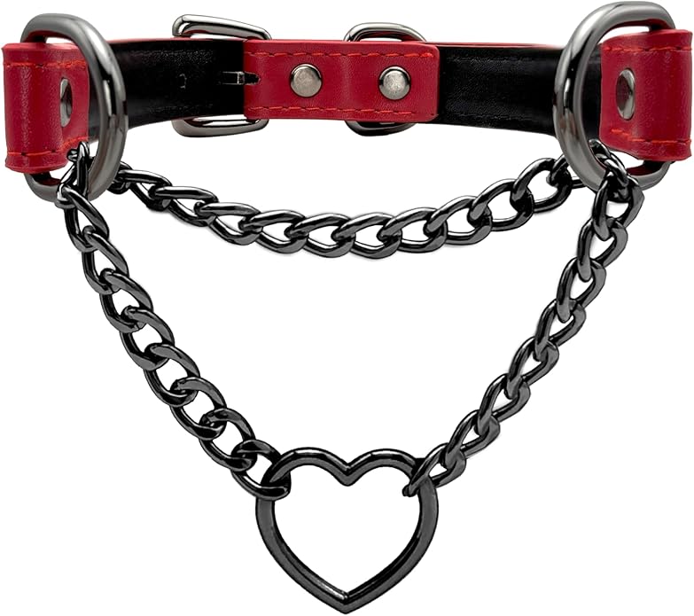 Black Leather Choker Collar For Women, Handmade Heart Slip Chain Choker Long Necklace with Adjustable Buckle