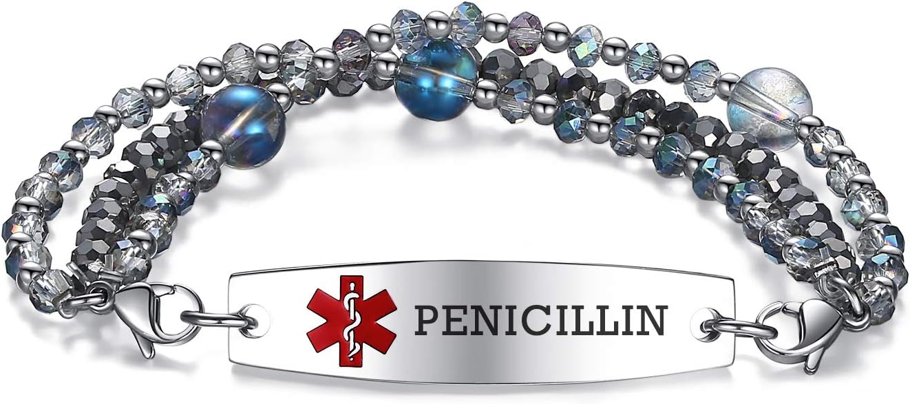mnmoom 7.5 inch interchangeable Medical id bracelets for Women beads Medical alert bracelets with customize engraving