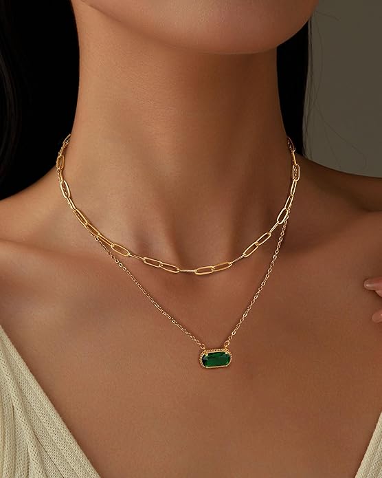 Lourny Gemstone Birthstone Pendant Layered Necklace for Women Trendy, 18K Gold Plated Paperclip Chain Preppy Choker Charm Necklace for Women Wife Jewelry
