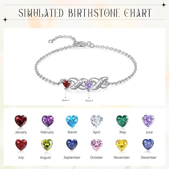 Personalized Custom Name Heart Bracelet with 1-6 Birthstone Bracelets for Women Engraved Family Names Link Bracelets for Mother's Day Mom Daughter