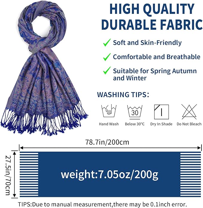 QIUTIMIY Paisley Pashmina Shawl Wrap Women Reversible Vintage Jacquard Pashmina Rave Scarf with Fringe for Evening, Wedding