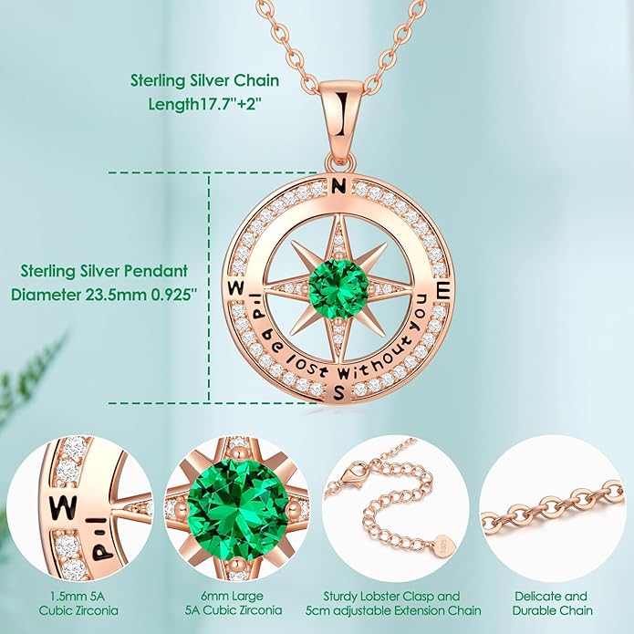 Zifeel Compass Necklace Gifts for Women wife - S925 Sterling Silver Birthstone Necklaces for Women - Anniversary Birthday Gifts for Her Wife Girlfriend - Valentines Mom Mothers Day Christmas Gifts Jewelry for Women