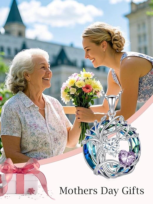 TOUPOP s925 Sterling Silver Family Celtic Tree of Life Pendant Necklaces with 2 Heart Birthstone with Blue Austrian Crystal Jewelry Birthday Anniversary Christmas Gifts for Her Wife Girlfriend Mom (18K Real White Gold Filled)
