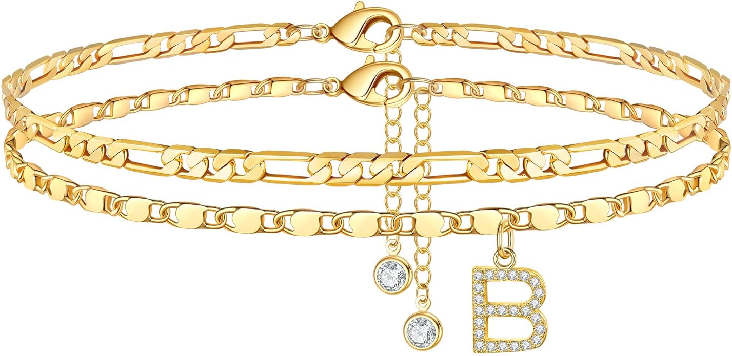 Ursteel Ankle Bracelets for Women, 14K-Gold-Plated Dainty Layered Chain CZ Initial Anklets Set Summer Jewelry Gifts for Women