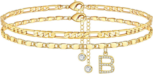 Ursteel Ankle Bracelets for Women, 14K-Gold-Plated Dainty Layered Chain CZ Initial Anklets Set Summer Jewelry Gifts for Women