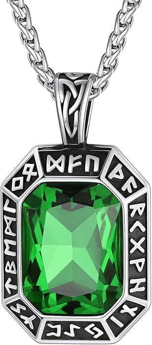 ChainsHouse Viking Rune Pendant Necklace for Men Women, Punk Biker Black Metal/316L Stainless Steel Onyx Norse Vintage Amulet Necklaces with Black/Red/Green/Blue Gemstone, Send Gift Box