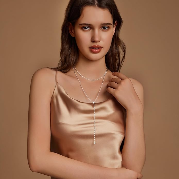 Lariat Silver/Gold Necklace for Women 925 Silver/14K Gold Plated Dainty Long Necklace Y-Shaped Drop Pendant Necklaces Choker Trendy Chain Simple Layered Necklaces CZ Jewelry for Women Set Gift