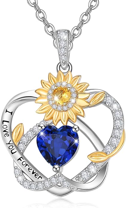 Zeuslia Double Birthstone Necklace Gifts for Wife - 925 Sterling Silver Sunflower/Rose/Crown Cross/Compass/Heart Pendant I Love You Necklace, Anniversary Birthday Gifts for Wife Girlfriend Mom Her