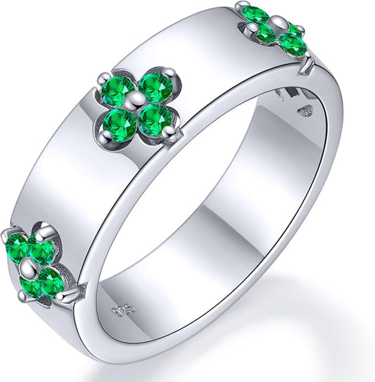 Premium Emerald&Moissanite Clover Rings for Lucky Women|Moissanite D Color VVS1 Clarity 3EX Cut|925 Sterling Silver 14K Gold Plated Non Tarnish