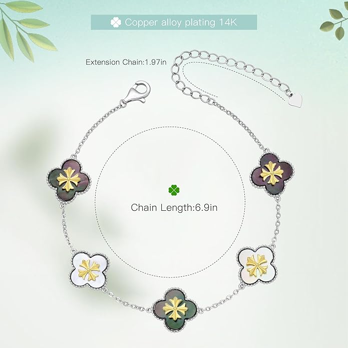 Fydesta 18K Gold Plated Clover Bracelet, Mother of Pearl Four Leaf Flower Bracelet for Women, 6.9" + 2" Adjustable Bracelet, Cross Motif, Gold or Silver Tone