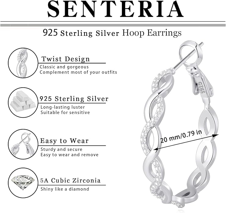 Senteria 925 Sterling Silver Earrings Hoops for Women Lightweight Twisted Hoop Earrings With Cubic Zirconia Hypoallergenic Hoops Earrings (20/30/40/50/60MM)