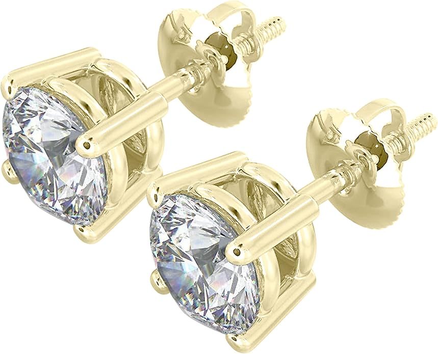 Natural Real Diamond Studs Earrings with Secure Screw Back for Women and Men, 14K Gold Round-Cut Diamond Stud Earrings