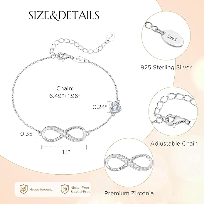 NORBU S925 Infinity Bracelets for Women, Sterling Silver Womens Infinity Heart Birthstone Link Charm Bracelet, Jewelry Gifts for Her Christmas Birthday Valentine Mother's Day
