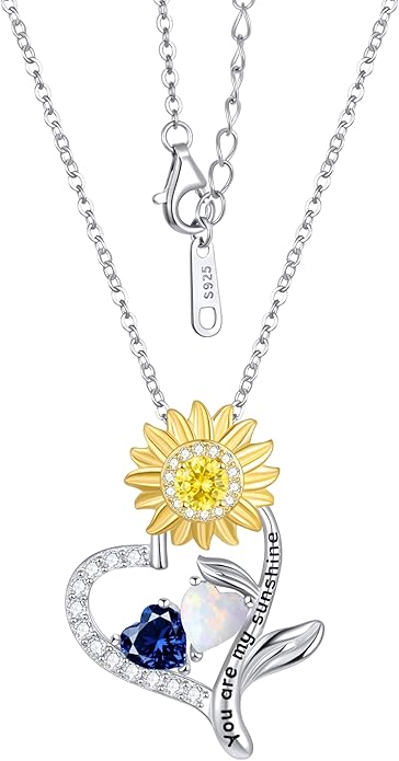 PERJI Valentine's Day Gifts for Women - 925 Sterling Silver Double Birthstone Sunflower Necklace, Anniversary Birthday Jewelry You are My Sunshine Gifts for Wife Couple Girlfriend 18"+2" Non Tarnish