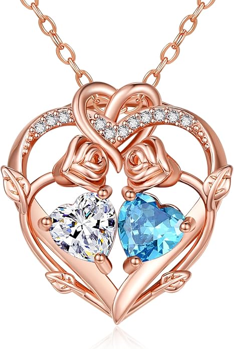 Rose Gold Necklaces for Women Double Birthstone Rose Flower Heart Pendant Necklace Jewelry Anniversary Christmas Valentine's Mother's Day Birthday Gift for Wife Mom Her Girlfriend Sister