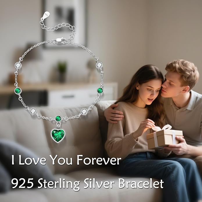 Emerald Bracelet for Women 925 Sterling Silver Love Heart May Birthstone Bracelet for Gifts
