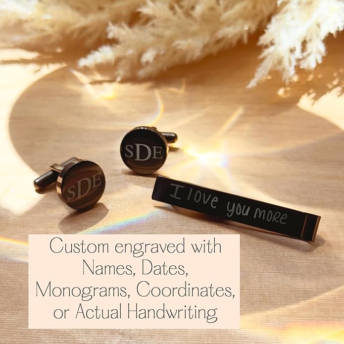 Custom Cuff Links & Personalized Tie Clip Gift Set for Men • Engraved Monogram, Date, Handwriting, Crest, Logo • Father's Day Gift for Dad • Gold, Silver, Black