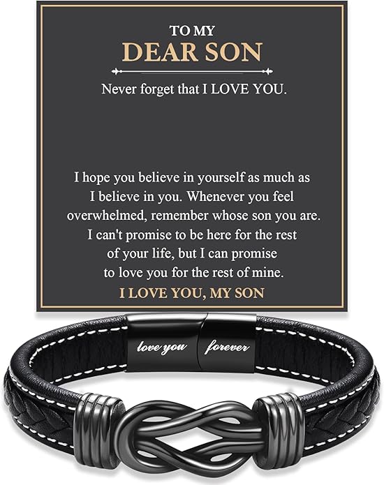 Love You Forever Leather Bracelet Gifts for Men Him Teen Boys, To My Brother Son Grandson Nephew Friend Dad Husband Christmas Birthday Valentines Fathers Day Graduation Back to School Gifts