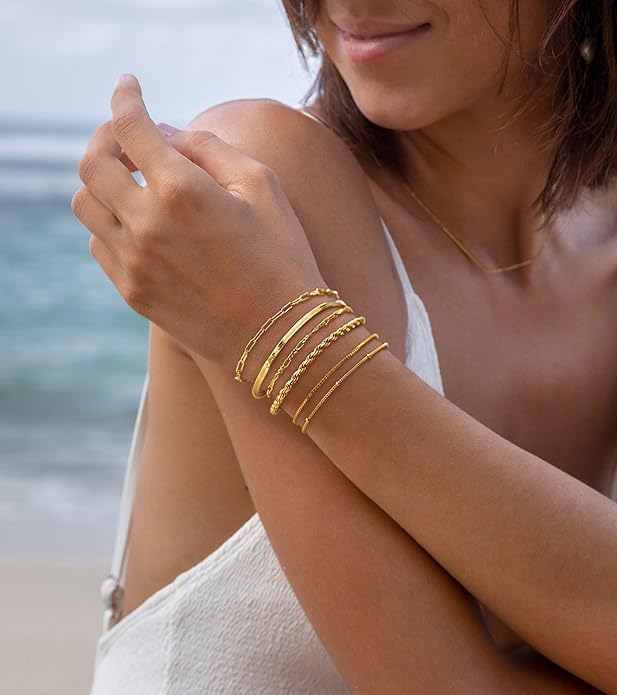 DEARMAY 14K Gold Plated Bracelets for Women Waterproof, Jewelry Sets Trendy Thin Dainty Stackable Cuban Link Paperclip Chain Bracelet Pack Fashion Accessories Gifts for Womens
