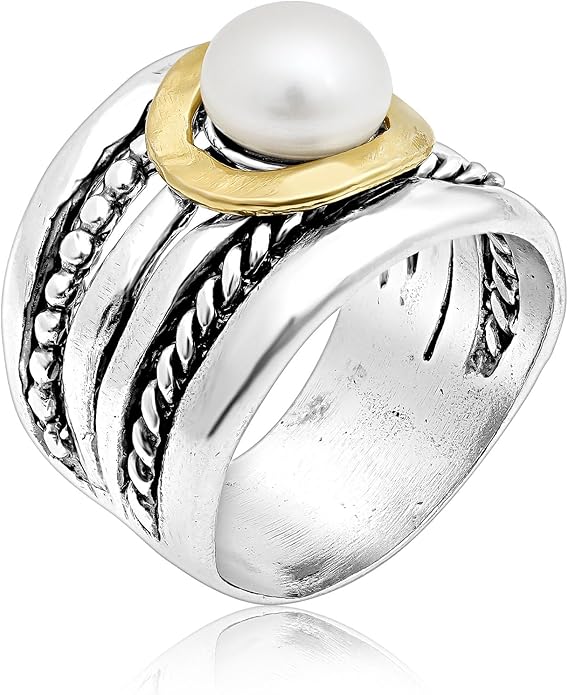 JEAN RACHEL JEWELRY Mixed Metal Two Tone Ring for Women – Pearl Rope Bead – 925 Sterling Silver & 14K Gold Over Silver – Freshwater Pearl Statement Ring – Hypoallergenic Design