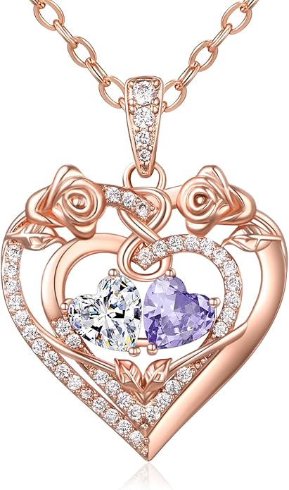 JIYVY32 Rose Heart Necklace for Women Exquisite 925 Sterling Silver Anniversary Birthday Gifts for Wife Mom Her Double Birthstone Pendant Jewelry