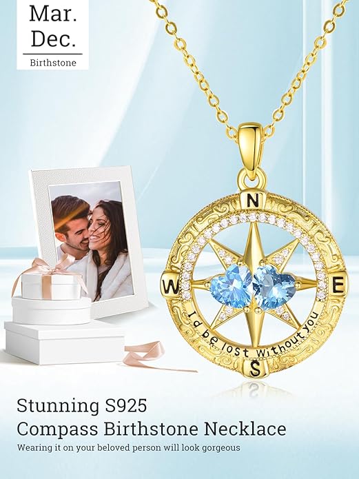 Zeuslia Double Birthstone Necklace Gifts for Wife - 925 Sterling Silver Sunflower/Rose/Crown Cross/Compass/Heart Pendant I Love You Necklace, Anniversary Birthday Gifts for Wife Girlfriend Mom Her