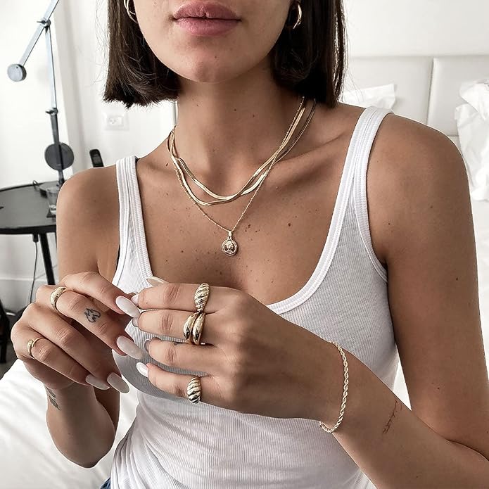 DEARMAY 14K Gold Plated Necklaces for Women, Dainty Gold Herringbone Choker Necklace Thin Layered Snake Chain Jewelry for Gifts
