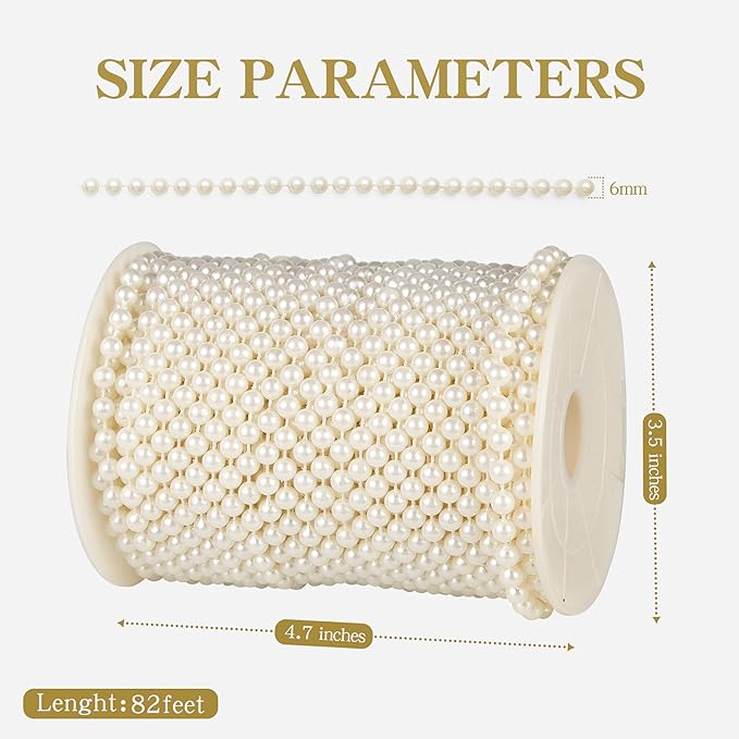 ZPEXRV 82 Feet Crafts Faux Pearl Roll 6mm Pearl Garland for Wedding Centerpiece Backdrop Christmas Tree and Flowers Decoration DIY (Ivory)
