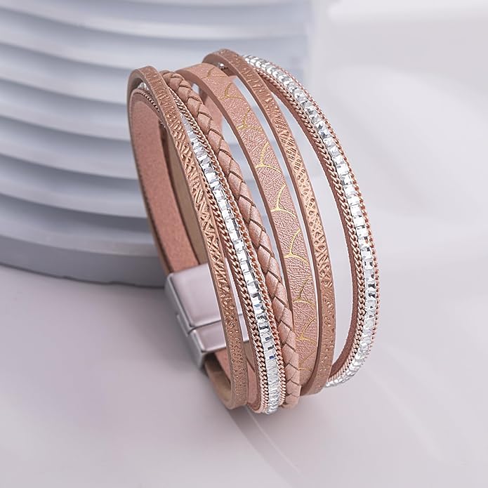 FANCY SHINY Boho Leather Wrap Bracelets Trendy Layered Bracelets with Magnetic Clasp Strackable Bohemian Jewelry Gifts for Women