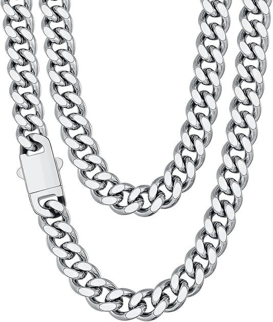 Fiusem Valentines Day Gifts for Him Silver Tone/Black/14K Gold Plated Chain Necklace for Men, 5mm/6mm/7.5mm/8mm/9mm Stainless Steel Cuban Link Chain Necklace, Men's Chains 18-28 Inch Jewelry Gifts