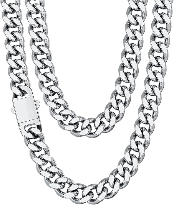 Fiusem Valentines Day Gifts for Him Silver Tone/Black/14K Gold Plated Chain Necklace for Men, 5mm/6mm/7.5mm/8mm/9mm Stainless Steel Cuban Link Chain Necklace, Men's Chains 18-28 Inch Jewelry Gifts
