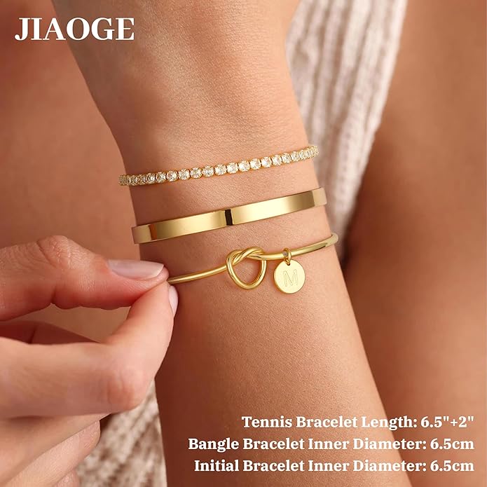 Gold Initial Bracelets for Women - Dainty Gold Bangles Bracelets for Women Personalized Initial Bracelet Stackable Gold Knot Cuff Tennis Bracelet Gold Jewelry Bridesmaid Proposal Wedding Gifts