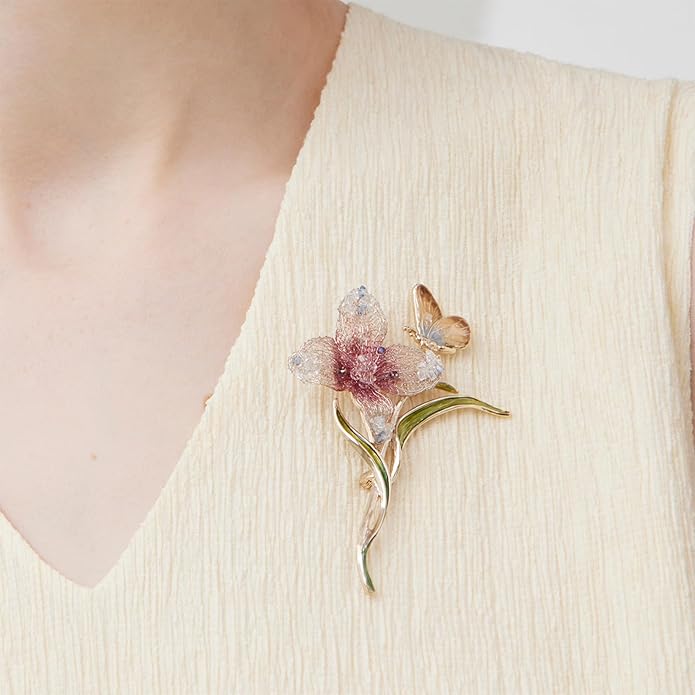Handmade Embroidery Flower Brooch Pins for Women, SHE'S FREE STYLE JUST FOR YOU Luxury Gradient Stitching Floral Brooch Pins with Crystal stamen, Enamel Metal Butterfly with Green Leaves, Hand Dripping Oil Jewelry pins