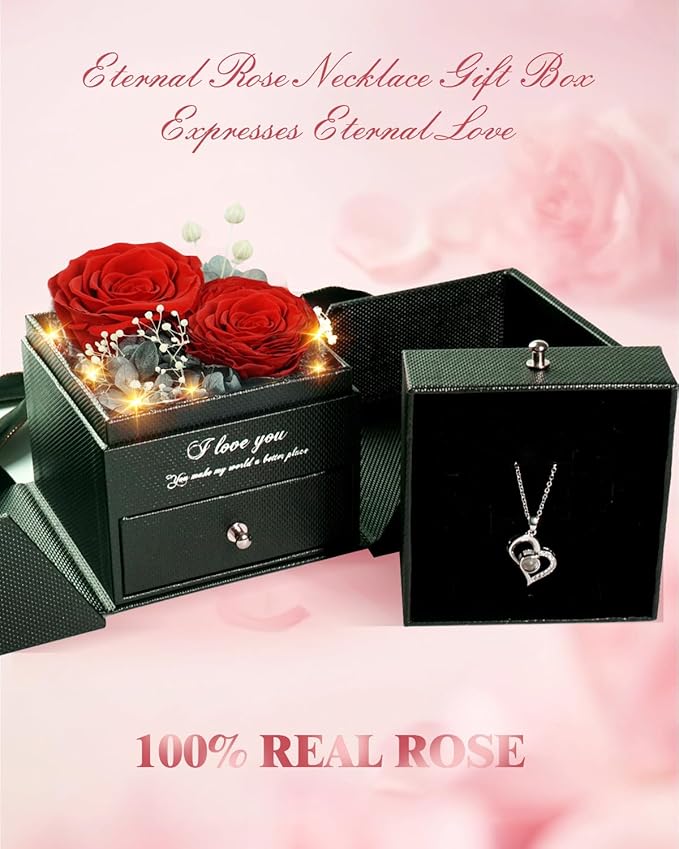Birthday Gifts for Women, Preserved Real Roses with Heart Necklace I Love You in 100 Languages, Anniversary Wedding Gifts for Women Her Girlfriend Wife, 2 Red Forever Roses Necklace Gift Box