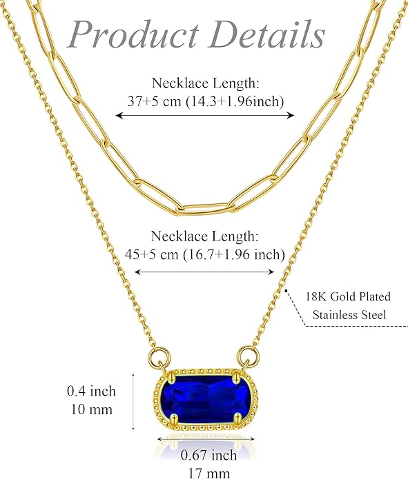 Lourny Gemstone Birthstone Pendant Layered Necklace for Women Trendy, 18K Gold Plated Paperclip Chain Preppy Choker Charm Necklace for Women Wife Jewelry