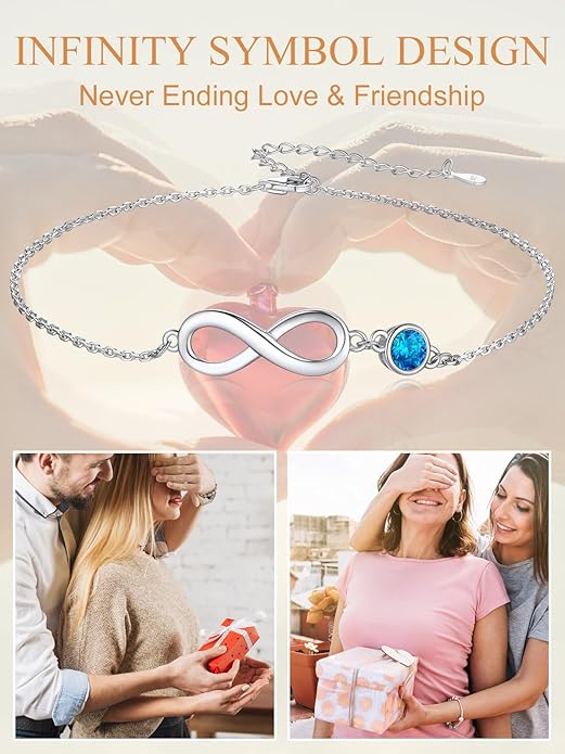 Custom4U Personalized Infinity Ankle Bracelets for Women 925 Sterling Silver Anklet Bracelet Endless Love Symbol Birthstone Charm Adjustable Foot Chain Jewelry Mothers Day Gifts for Mom Wife Women Her