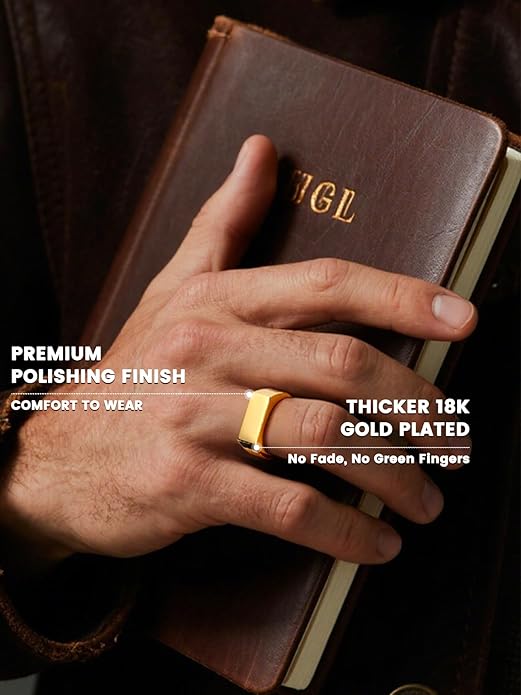 Bestyle Stainless Steel Signet Ring for Men Women in Gold/Black/Silver/Vintage Gray Tone, Chunky Thick Heavy Dome Band Ring Cool Finger Ring, Gift for Dad Husband, Size 7-14 Customizable