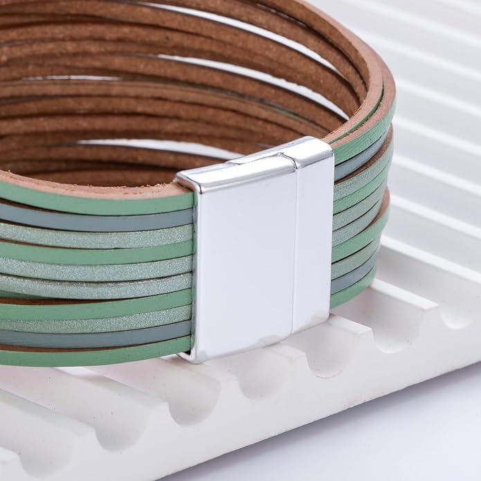 FANCY SHINY Boho Leather Wrap Bracelet Stackable Layered Bangle Cuff with Magnetic Clasp