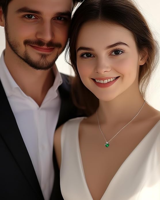 FANCIME 14K Solid White Gold Rose Pendant with Sterling Silver Chain Heart Birthstone Gemstone Fine Jewelry Christmas Gifts for Women Her