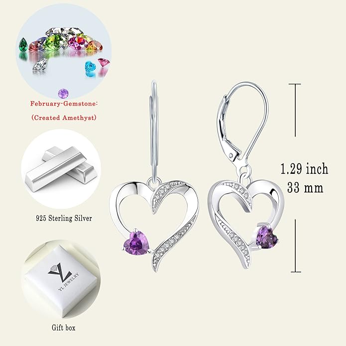 YL Heart Dangle Earrings 925 Sterling Silver Drop Earrings Birthstone Leverback Jewelry for Women