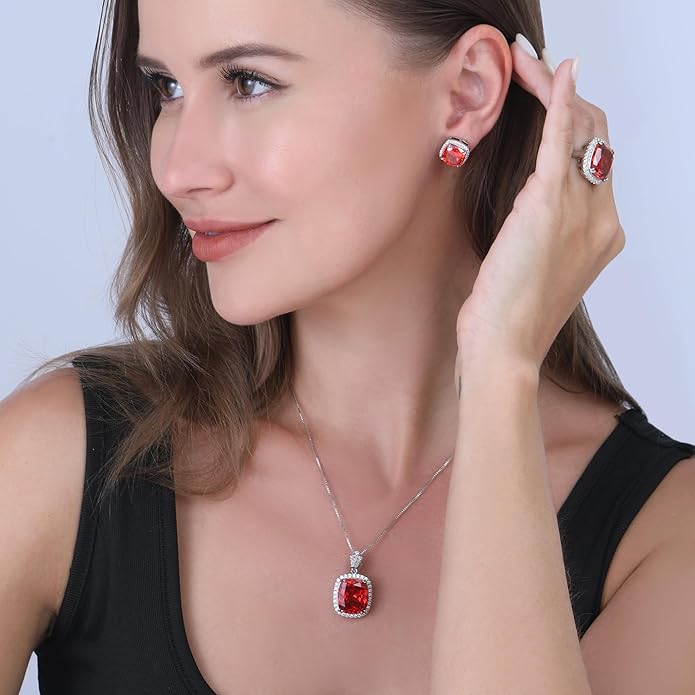 HHOOE Jewelry for Women Sets Gold-Plated Sterling Silver CZ or Faux Gemstone Cushion-cut Necklace & Ring & Stud Earring set for Bridesmaids, Comes With a Gift Box.