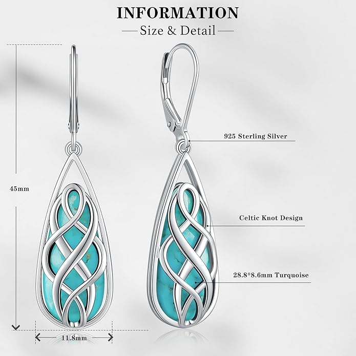 Turquoise Earrings for Women, Turquoise Jewelry for Women S925 Sterling Silver Dangle Teardrop Earrings Celtic Design, Boho Jewelry Gift for Friend Lover Mother